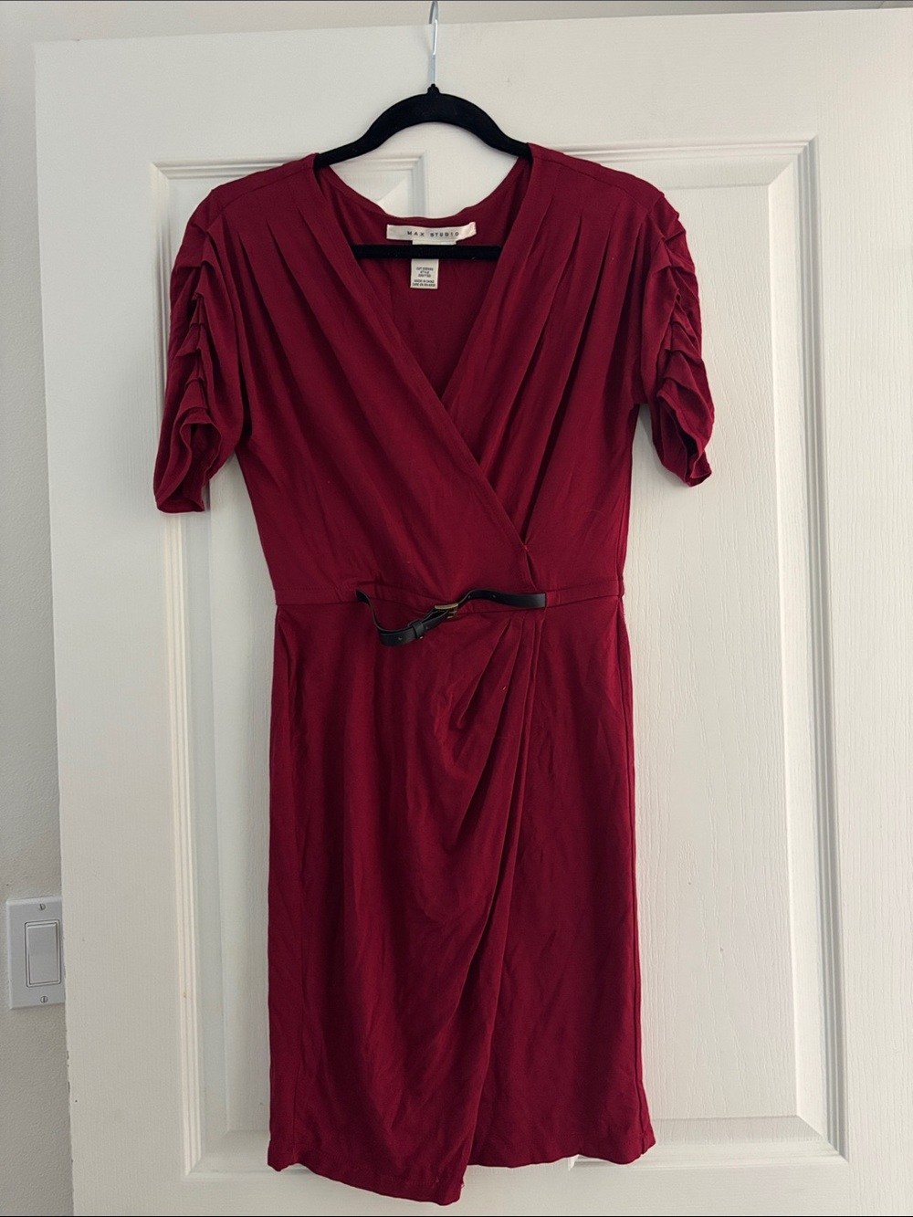 Max Studio Burgundy Faux-Wrap Short Sleeve Dress Sz XS